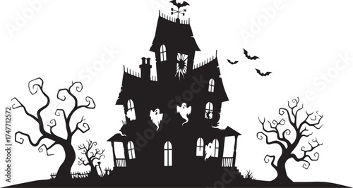 Spooky haunted house silhouette with moon and stars