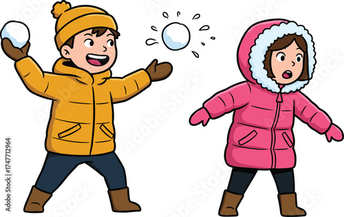 Children playing snowball fight in winter clothes, joyful outdoor activity, snowy day fun, emotional expressions, cad drawing flat vector illustration