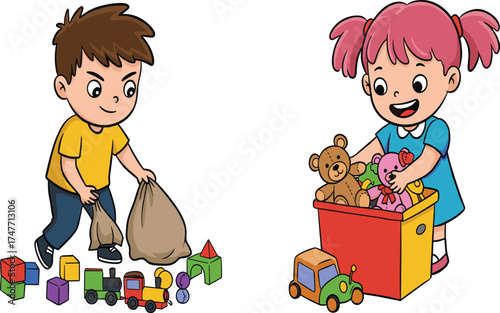 Children cleaning up toys, organizing playroom, teamwork, responsibility, tidiness, preschool kids, flat vector, cartoon style, CAD drawing illustration
