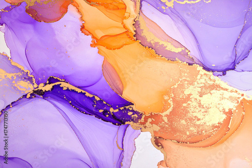 A luxurious, vibrant alcohol ink texture featuring flowing layers of purple, lavender, and bright orange with sparkling metallic gold accents.