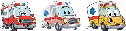 Cartoon ambulances with smiling faces, emergency medical vehicles, colorful kids illustration, anthropomorphic design, vector art, white background, healthcare theme