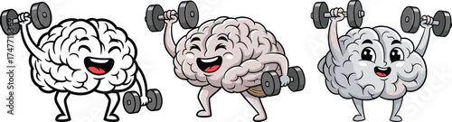 Cartoon brains lifting dumbbells, mental strength concept, cognitive fitness, brain power, kids illustration, vector art, white background, healthy mind