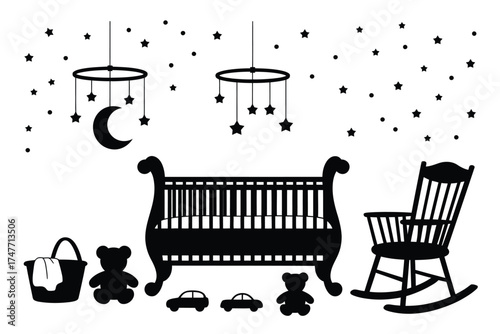Black and white silhouette illustration of a nursery scene with crib and rocking chair vector