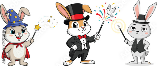 Cartoon magician rabbits, magic wand tricks, fantasy animals, cute bunny illustration, wizard costume, children’s art, stock vector, white background