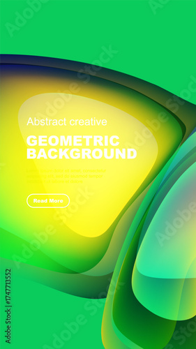 Vibrant abstract geometric background. Overlapping shapes create dynamic visual effect. Yellow text on dark green surface.