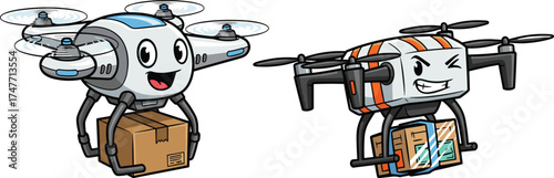 Cartoon delivery drones with packages, flying robots, friendly expressions, logistics technology, kids illustration, vector art, white background, automation theme