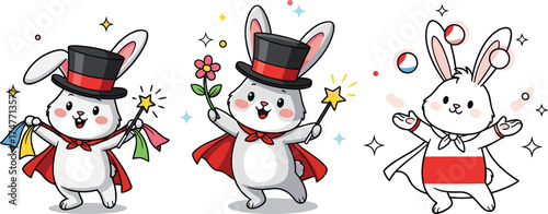 Cartoon magician rabbits performing magic tricks, red cape, black top hat, fantasy animals, kids illustration, vector art, white background
