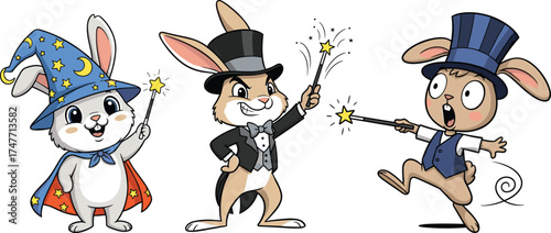 Cartoon magician rabbits with magic wands, fantasy costume animals, wizard hats, glowing stars, kids illustration, white background vector art