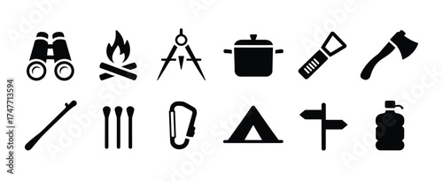 Set of 12 black and white camping icons vector illustration for outdoor adventure eps vector