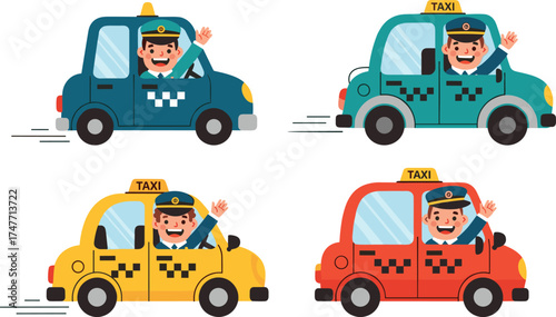 Cartoon taxis with waving drivers, colorful vehicles, city transport, smiling faces, kids illustration, vector art, white background, travel theme