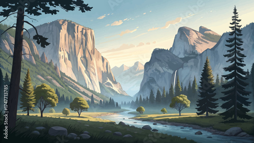 Flat minimal cartoon of Yosemite Valley with tall granite cliffs, pine trees, and soft morning light under blue sky