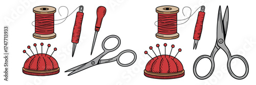 Vintage style illustration of sewing tools including spools thread pincushions scissors and needles vector