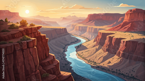 Flat minimal cartoon of Grand Canyon with deep red cliffs, blue river below, warm sunlight, clean vector desert landscape