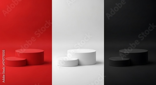 Minimalist product display podiums in red white and black for showcasing luxury items and cosmetic products in a modern and elegant presentation style