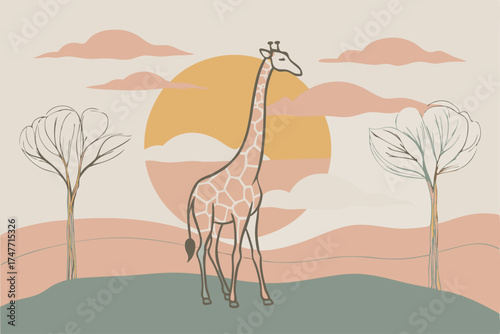 Beautiful Sunset with Giraffe and Cartoon Silhouetted Trees in African Wildlife