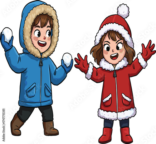 Winter kids playing snowball fight, cartoon vector illustration, happy children in snow, seasonal fun, outdoor activity, cad drawing flat vector illustration