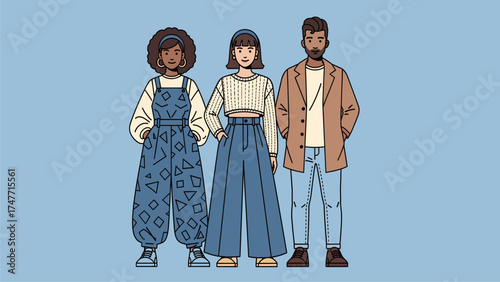 Diverse Young Adults in Casual Fashion. Group of modern people standing together, showcasing contemporary style. Flat illustration.