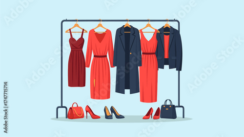 Fashion collection on rack. Women's dresses, coats, shoes, bags. Flat vector illustration for retail, style, and apparel.