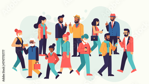 Diverse Group of Modern People Illustration. Community, Social Interaction, and Urban Lifestyle. Flat Design Characters.