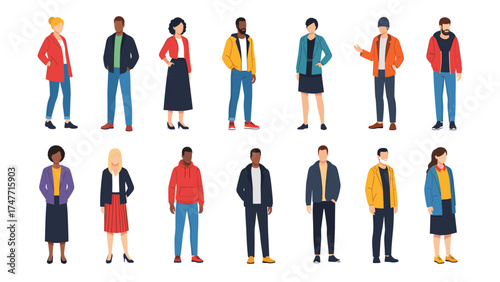 Diverse Multi-Ethnic People Standing in Casual Modern Clothes. Flat Vector Illustration of Men and Women Group.