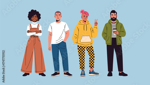 Diverse Young Adults Group Illustration: Modern Multicultural Youth with Varied Styles, Standing Together. Individuality and Contemporary Fashion.