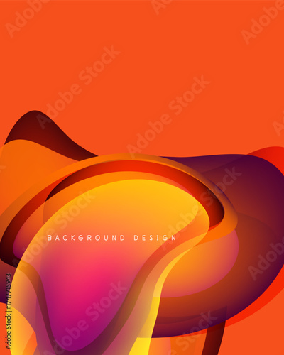 Abstract fluid shapes blend, creating vibrant orange, yellow, pink gradients. Design features smooth curves, dynamic composition.