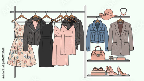 Stylish Women's Wardrobe Illustration with Dresses, Jackets, Handbags, and Shoes
