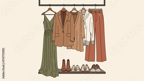 Minimalist Fashion Wardrobe Illustration with Clothes and Shoes on a Rack