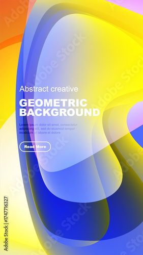 Abstract geometric background features vibrant overlapping shapes. Yellow, orange, blue hues create dynamic visual effect. Text present.