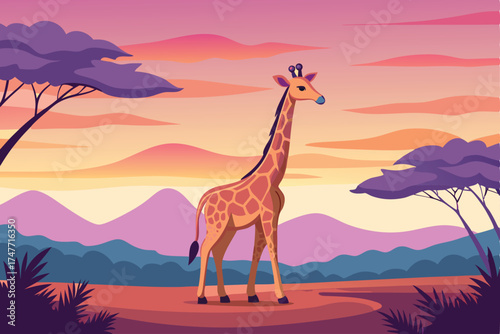 Beautiful Sunset with Giraffe and Silhouetted Trees in African Wildlife