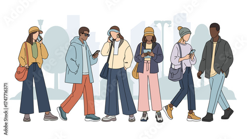 Diverse Young Adults Using Smartphones in Urban Setting. Digital Communication & Modern Lifestyle Illustration