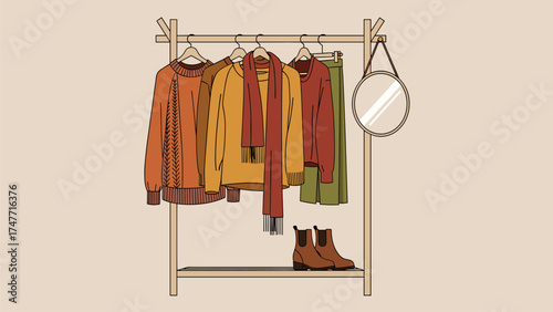 Autumn Wardrobe Display: Cozy Sweaters, Scarf, Boots on Wooden Clothes Rack with Mirror. Fall Fashion Collection Illustration.