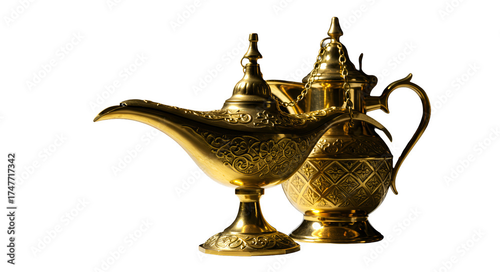 Fototapeta premium Isolated Photo Golden Magic Lamp And Pitcher Intricate Patterns Dark Background