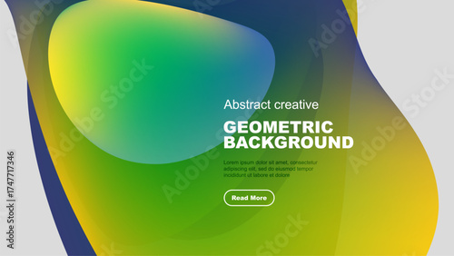 Abstract colorful shapes overlap black background. Text promotes geometric design, includes call to action. Modern visual composition.
