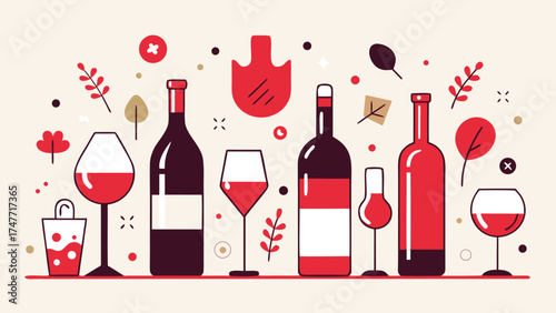 An illustration of wine glasses and bottles arranged artistically, showcasing different shapes and sizes..eps