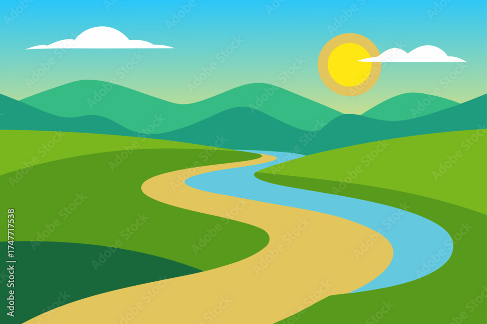Fototapeta premium Landscape with river hills sun and clouds illustration