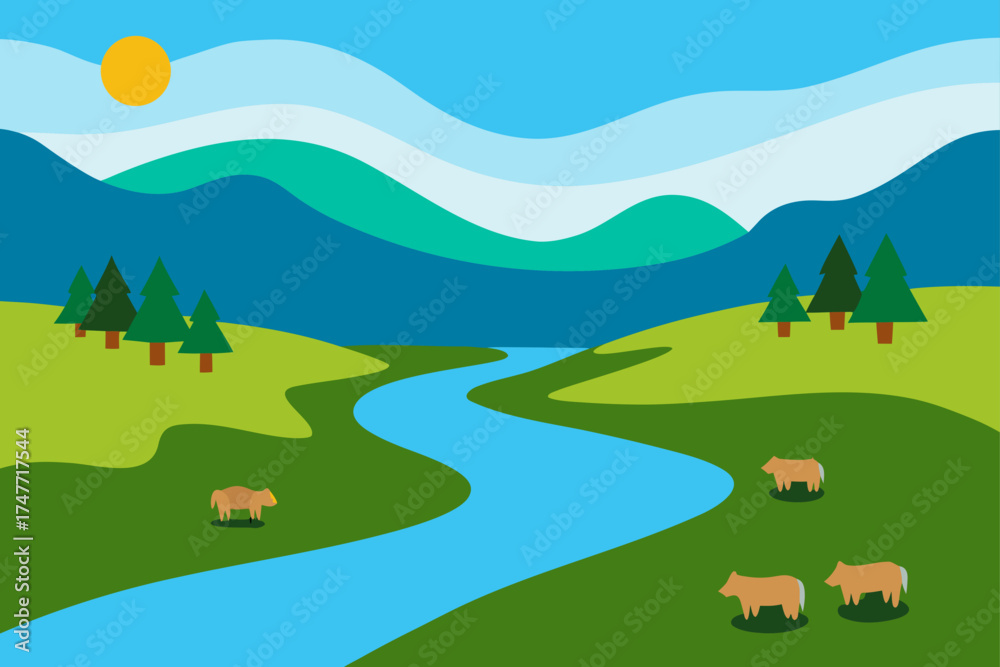 Fototapeta premium Landscape with river mountains trees and some cows