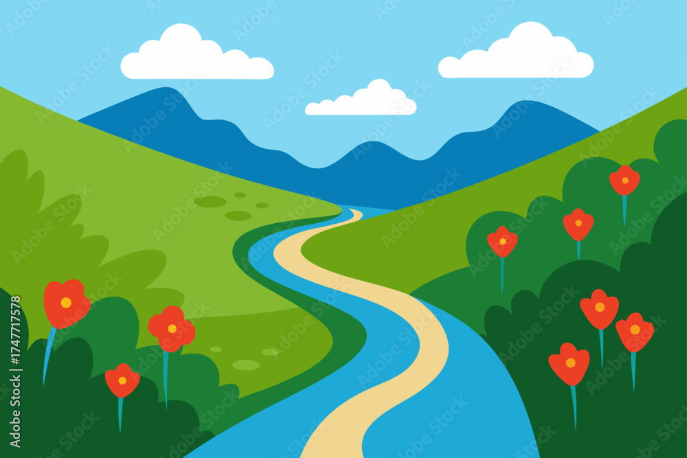 Fototapeta premium Cartoon landscape with river flowers and mountains