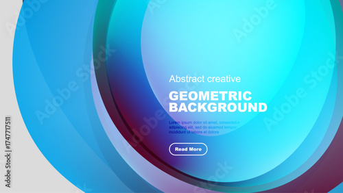 Abstract geometric background features layered circles. Blue, purple, teal hues create dynamic visual effect. Text invites further exploration.