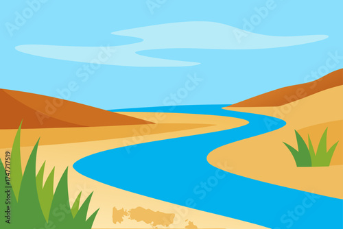 Illustration of a river flowing through a desert area