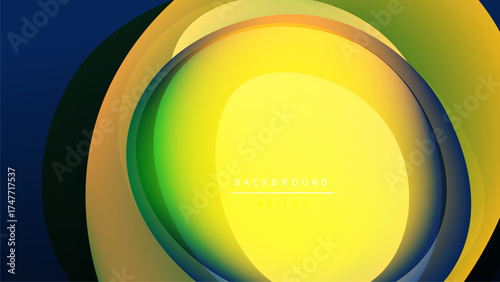 Abstract circular layers, vibrant colors blend. Yellow center radiates outward, dark background contrasts design elements. Modern aesthetic.