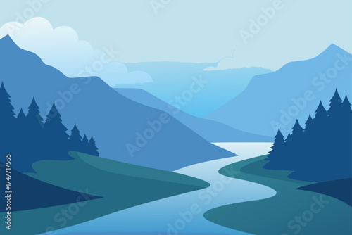 Landscape of mountains river and pine tree forest
