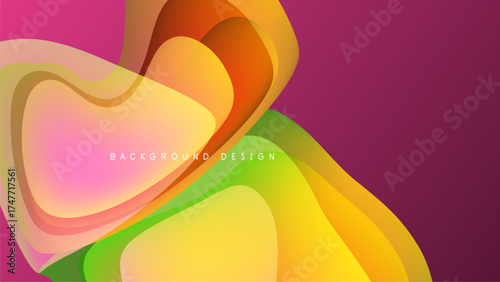 Abstract fluid shapes blend, creating vibrant gradients. Colors transition from pinks to oranges, yellows, greens on black background. Modern design element.