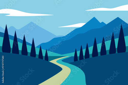 A landscape with mountains trees and winding river