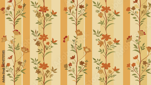 A decorative pattern of stripes interspersed with floral and leafy elements, showcasing a blend of nature and design..eps