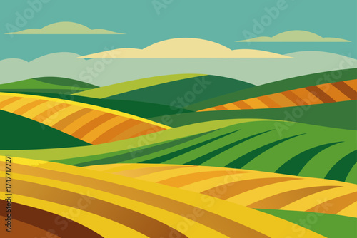Illustration of rolling hills and cultivated fields