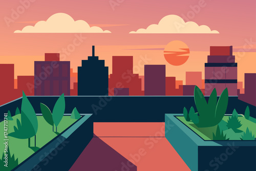 Cityscape view from rooftop garden at sunset time