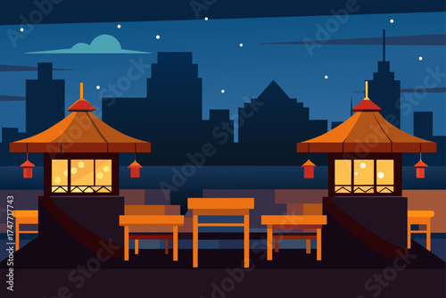 Illustration of a rooftop restaurant at night time