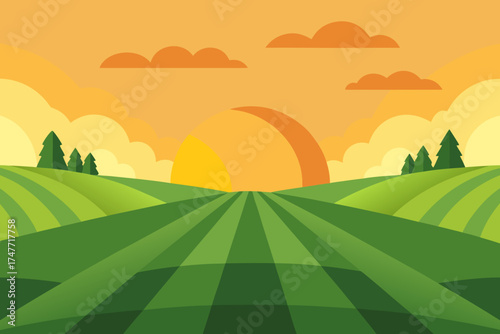A landscape with fields trees and a bright sunset sky