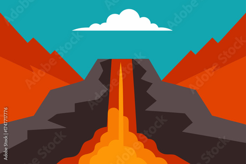 Illustration of a volcano with lava and mountains